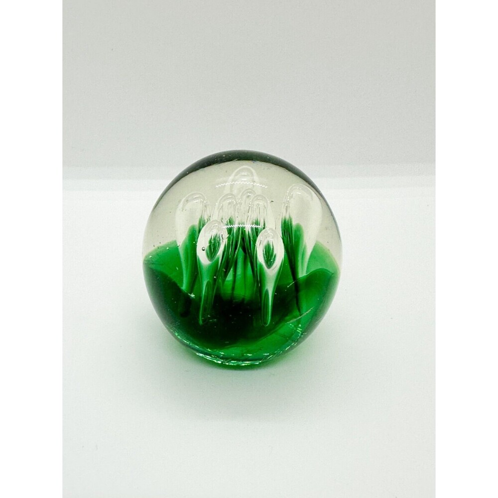 Art Glass Paperweight Green Controlled Bubble Sphere Water Plants